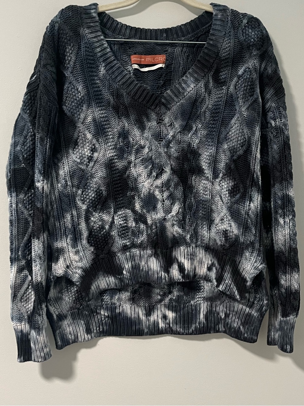 Anthropologie PILCRO V-Neck Cable Knit Sweater - Black and White Tie-Dye NWOT